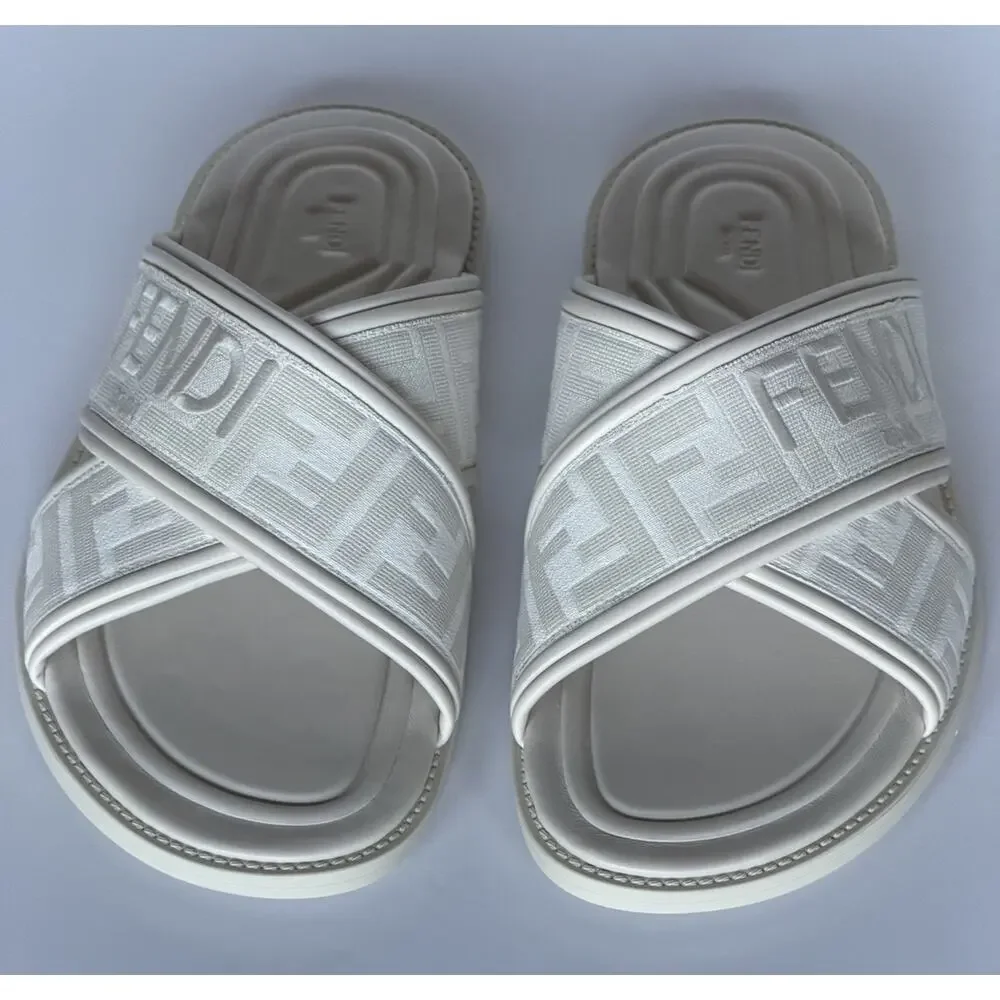 Fendi Men's FF Leather/Fabric Ivory Slide Sandals 8 US/7 UK IT 7X1548 NIB $730
